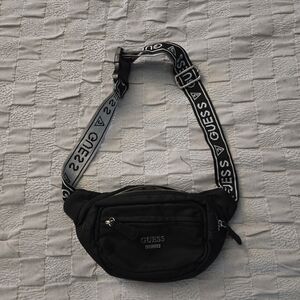 GUESS Black Logo Strap Belt Bag with White Accents